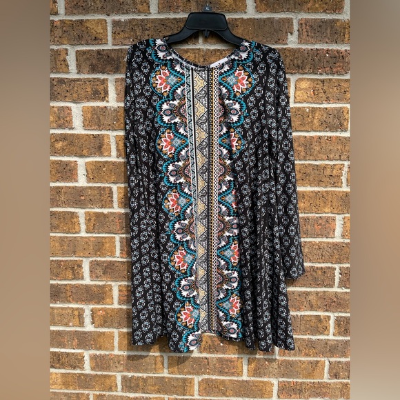 Derek Heart Bohemian Pullover Multi Color Floral Abstract Long Sleeve Dress Sz L - Picture 1 of 5
